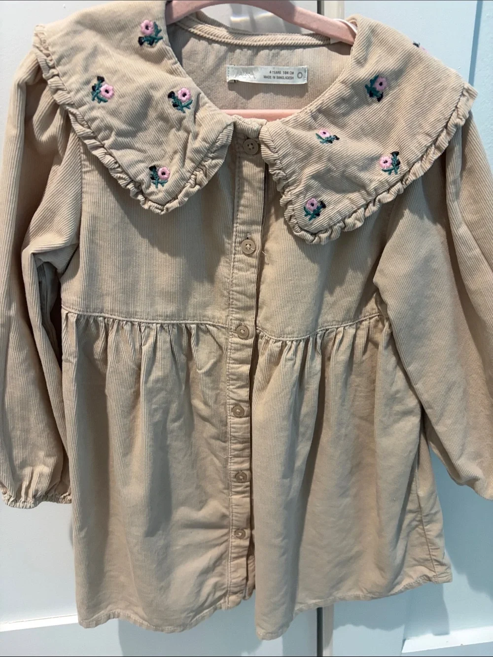 Zara Beige Corduroy Dress with Pink Flower Embroidery